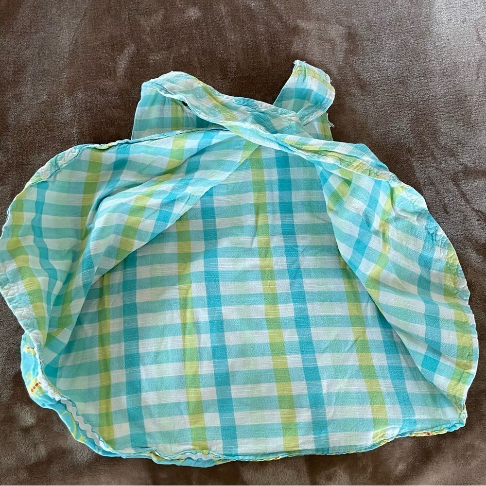 Handmade Little Girls Blue Cotton Crossover Tunic with Yellow Lizard Print Sz4-6 - Picture 7 of 10